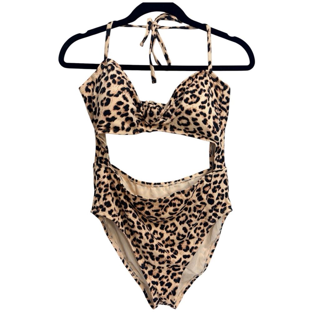 Shade & Shore Leopard One Piece Swimsuit XL Cutout Halter Animal Print‎ z